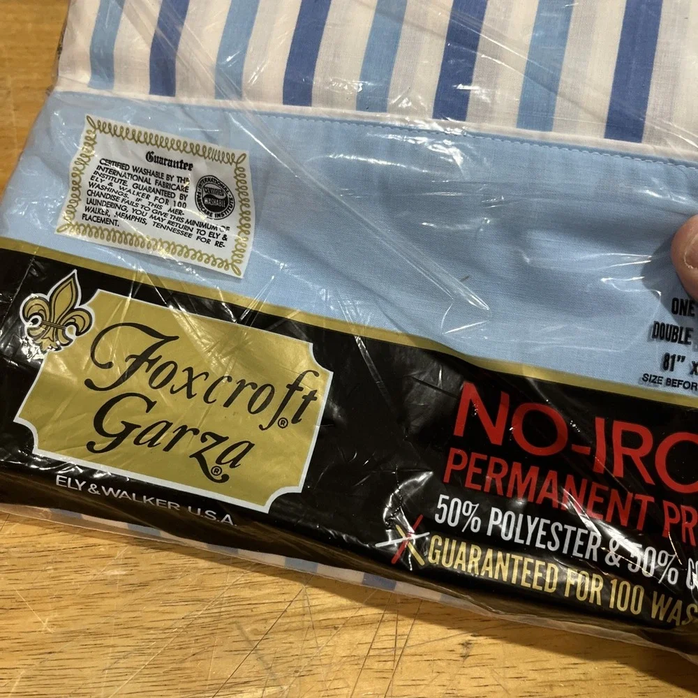 Foxcroft Garza Full Flat Sheet Blue Stripe Permanent Press Retro Stripe NOS‎